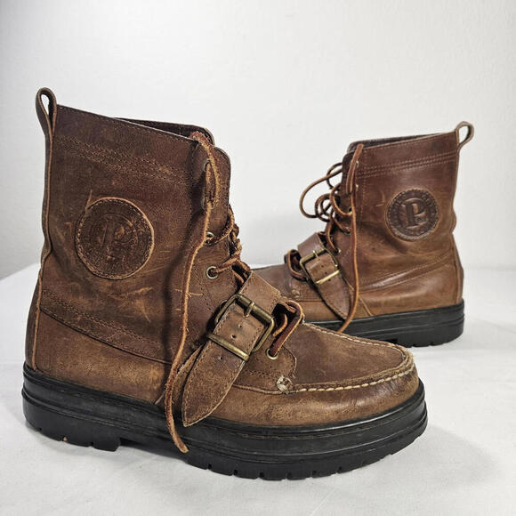 Polo Sport Ralph Lauren Ranger Brown Leather Strap Combat Boots Lug Soles 7 D - Picture 1 of 11